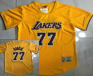 Mens Los Angeles Lakers #77 Luka Doncic Yellow Short Sleeved AU Throwback Jersey